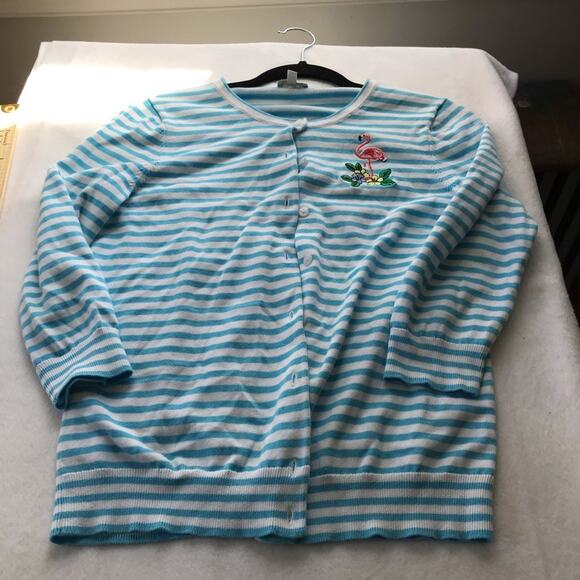 Talbots small blue white striped 3/4 sleeve embroidered button up knit cardigan - Picture 9 of 9